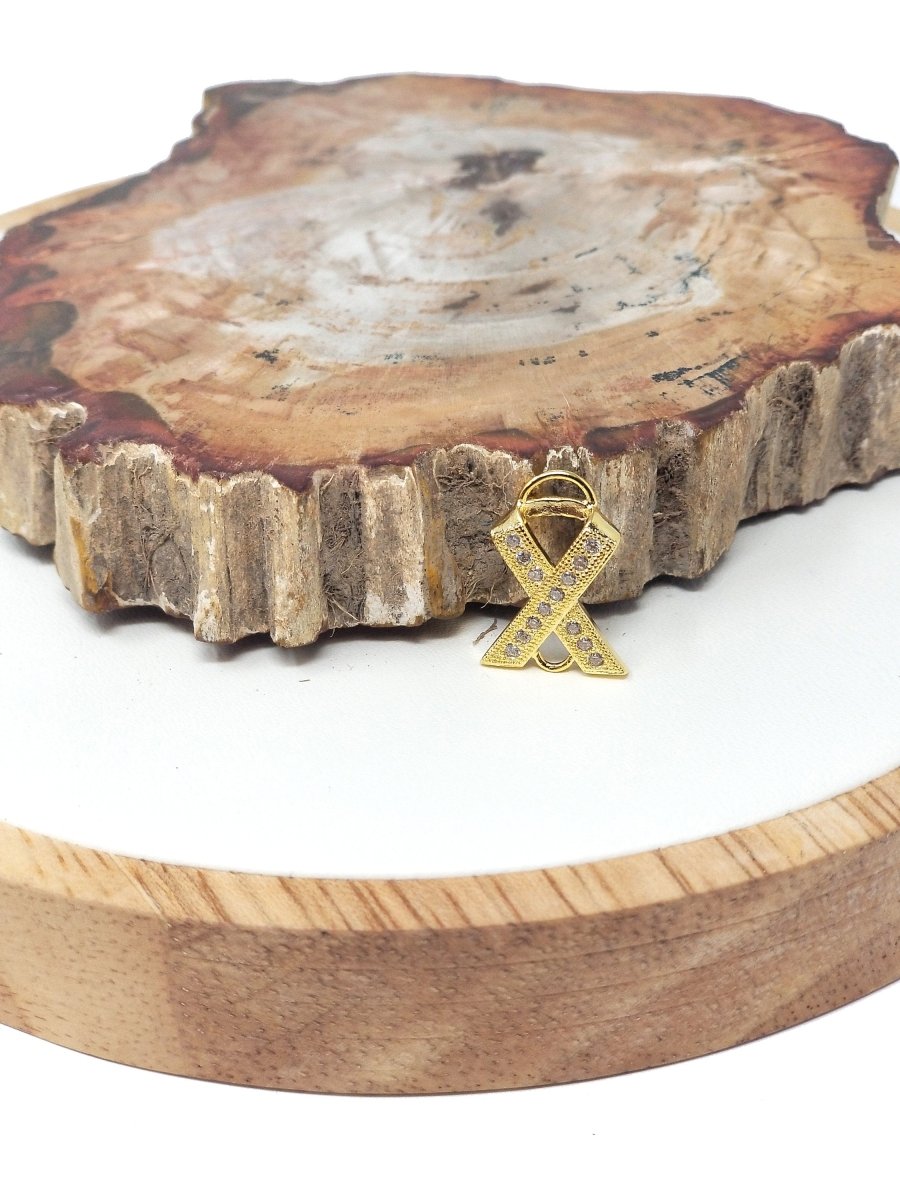 Cubic Zirconia Cancer Ribbon Hope Cooper Charm Connector, Crystal Rhinestone CZ Pave Czech Bracelet Design Gold Plated Material F-154