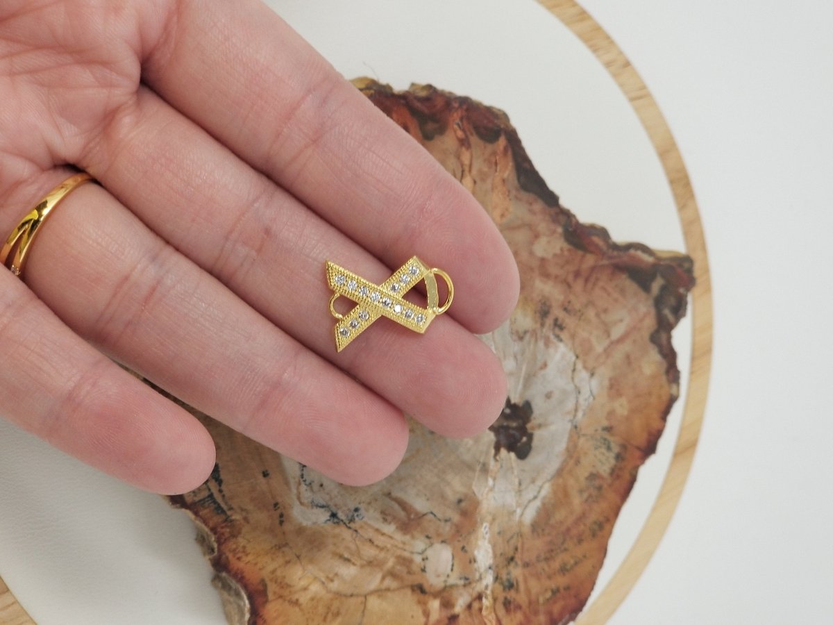 Cubic Zirconia Cancer Ribbon Hope Cooper Charm Connector, Crystal Rhinestone CZ Pave Czech Bracelet Design Gold Plated Material F-154