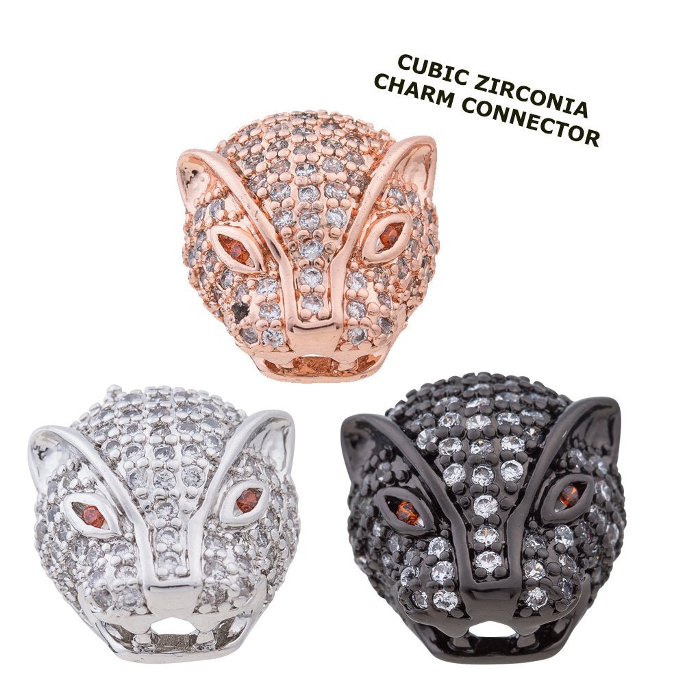 Cubic Zirconia Cheetah Animal Kingdom Design Cooper Charm Connector, Crystal Rhinestone CZ Pave Czech Bracelet Design Plated Material, B-470