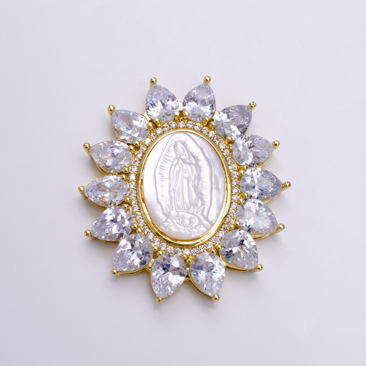 Cubic Zirconia Sun Flower Virgin Mary Lady Guadalupe Gold Pendant, Pearl Mary Pendant Religious Jewelry Making AA-746 AA-747