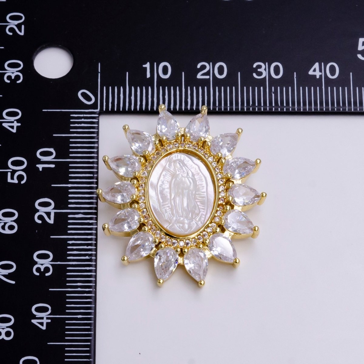 Cubic Zirconia Sun Flower Virgin Mary Lady Guadalupe Gold Pendant, Pearl Mary Pendant Religious Jewelry Making AA-746 AA-747