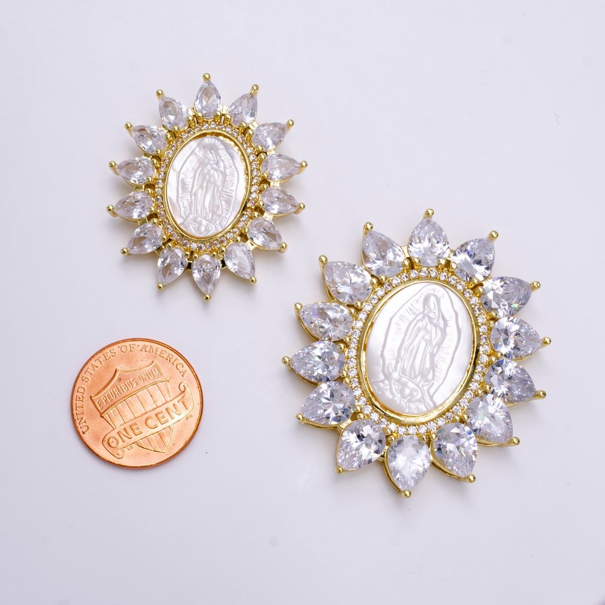 Cubic Zirconia Sun Flower Virgin Mary Lady Guadalupe Gold Pendant, Pearl Mary Pendant Religious Jewelry Making AA-746 AA-747