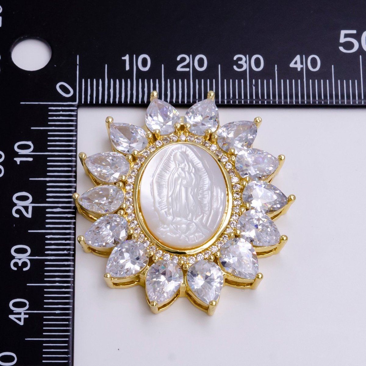 Cubic Zirconia Sun Flower Virgin Mary Lady Guadalupe Gold Pendant, Pearl Mary Pendant Religious Jewelry Making AA-746 AA-747