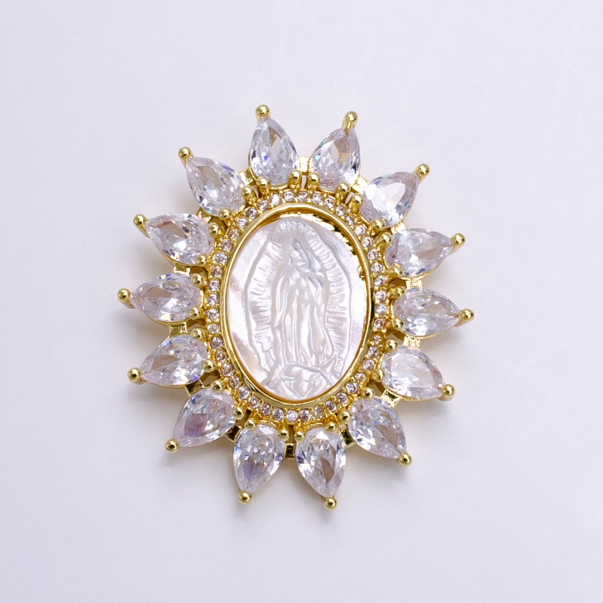 Cubic Zirconia Sun Flower Virgin Mary Lady Guadalupe Gold Pendant, Pearl Mary Pendant Religious Jewelry Making AA-746 AA-747