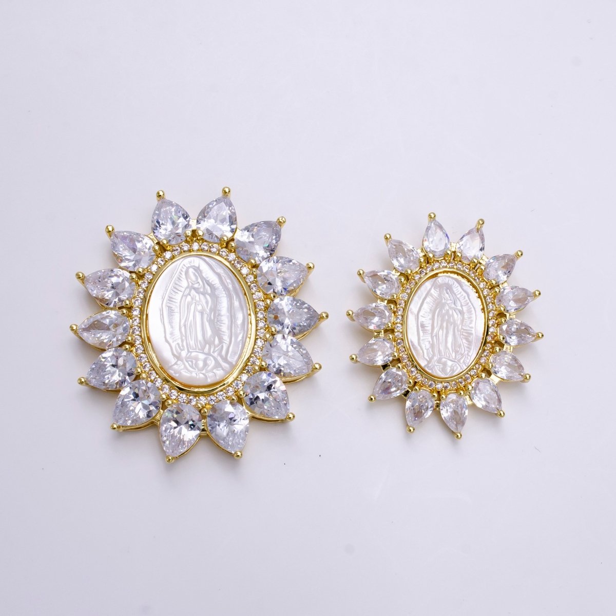 Cubic Zirconia Sun Flower Virgin Mary Lady Guadalupe Gold Pendant, Pearl Mary Pendant Religious Jewelry Making AA-746 AA-747