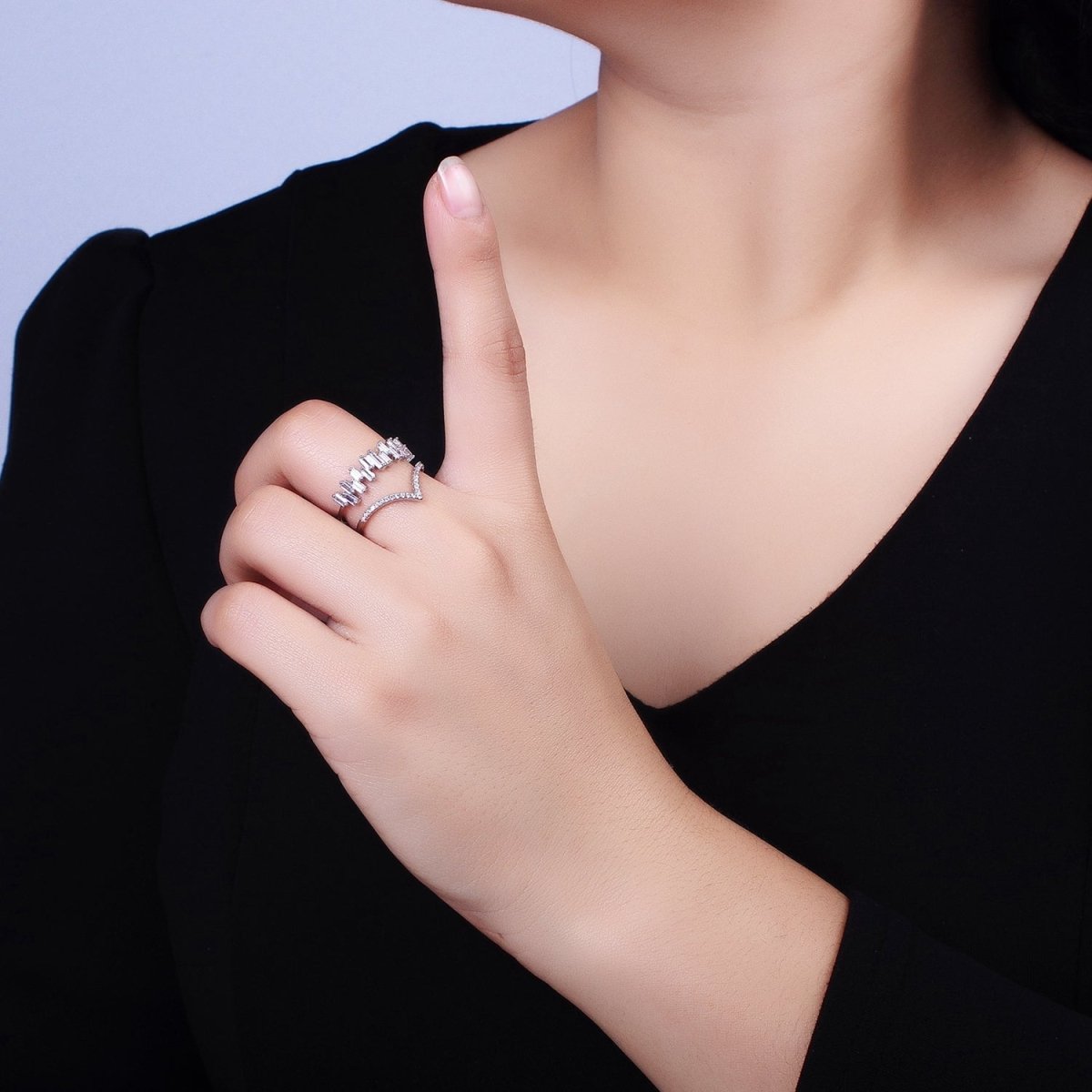 Curve Ring Baguette CZ Diamond Chevron Ring, Thin Gold Minimalist Ring | O1815 O1816