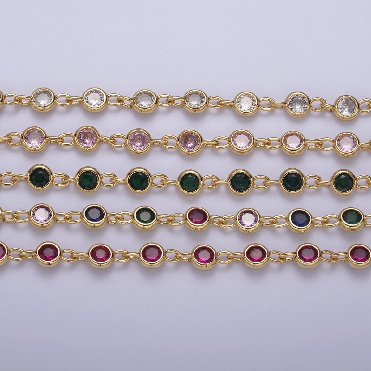 CZ Beaded Chain 6mm Round Bezel Cut Cubic Zirconia Beads Gold Filled Unsoldered Bezel Connector Beads Findings | ROLL-739 to ROLL-742 Clearance Pricing