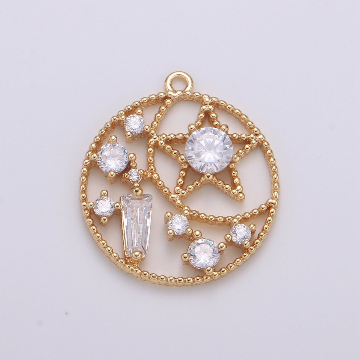 CZ Crescent and Star in Golden Circle Lantern Charm Zirconia Moon and Star Gold Plated Geometric Charm Pendant GP-690 - DLUXCA