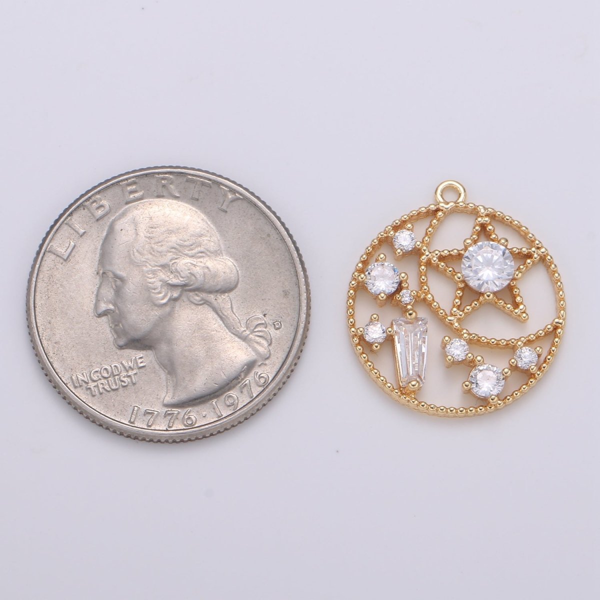 CZ Crescent and Star in Golden Circle Lantern Charm Zirconia Moon and Star Gold Plated Geometric Charm Pendant GP-690 - DLUXCA