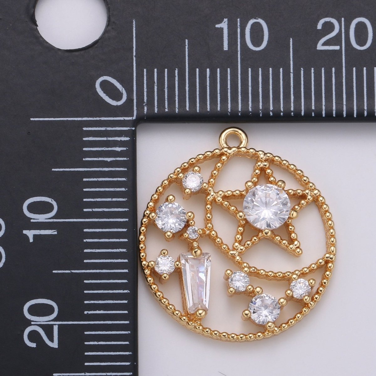 CZ Crescent and Star in Golden Circle Lantern Charm Zirconia Moon and Star Gold Plated Geometric Charm Pendant GP-690 - DLUXCA