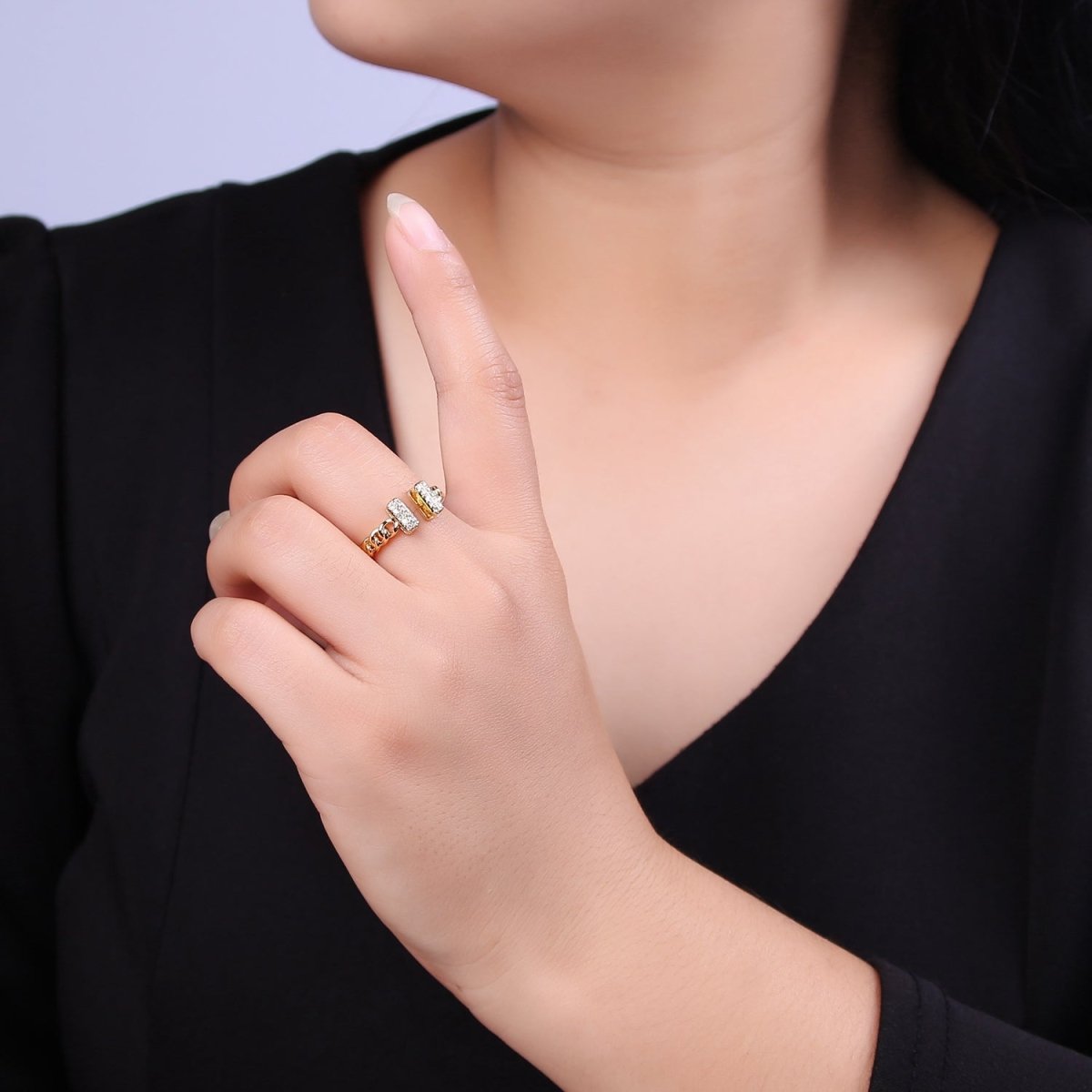 Cz Curb Chain Ring Open Adjustable Jewelry for Statement Stackable  U-324