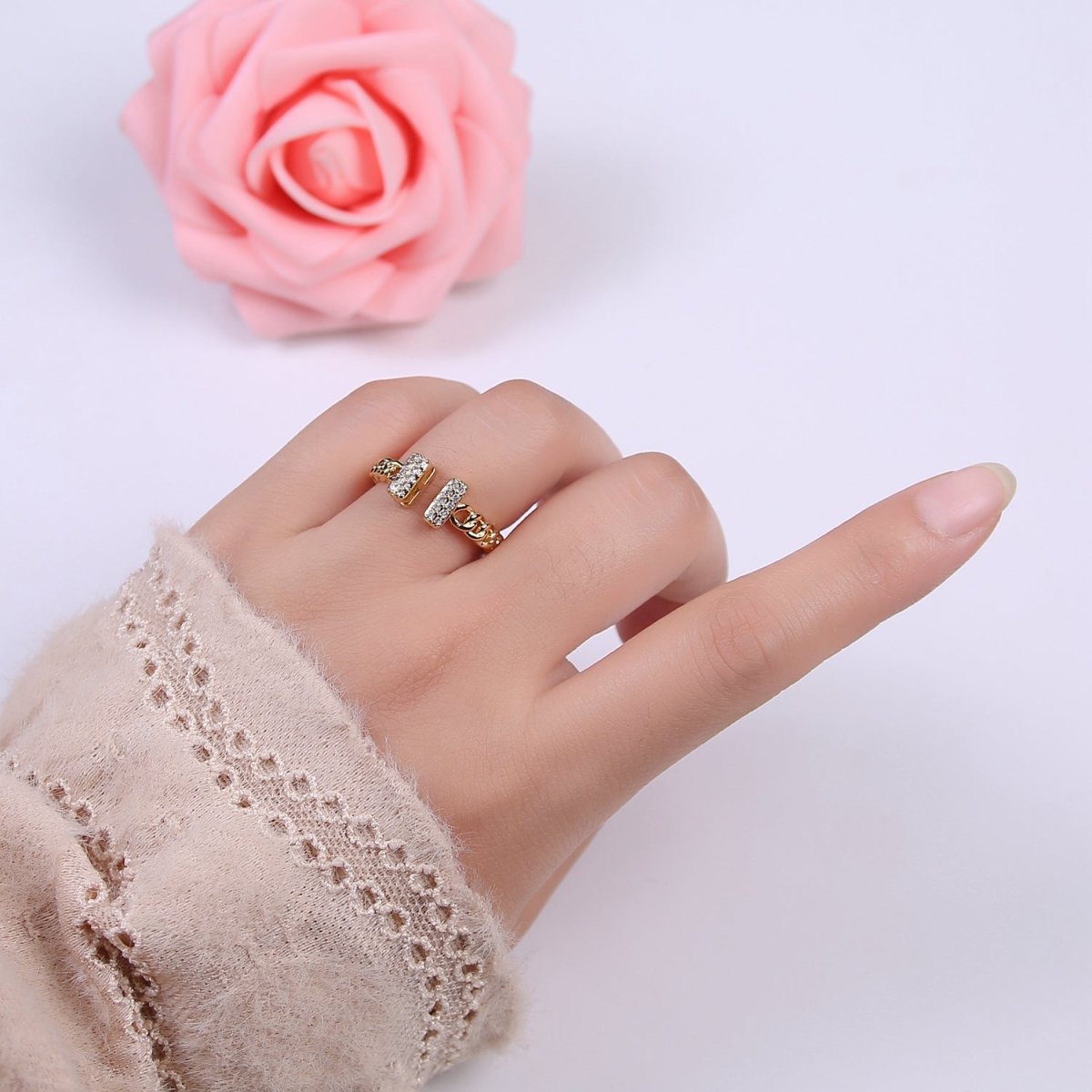 Cz Curb Chain Ring Open Adjustable Jewelry for Statement Stackable  U-324