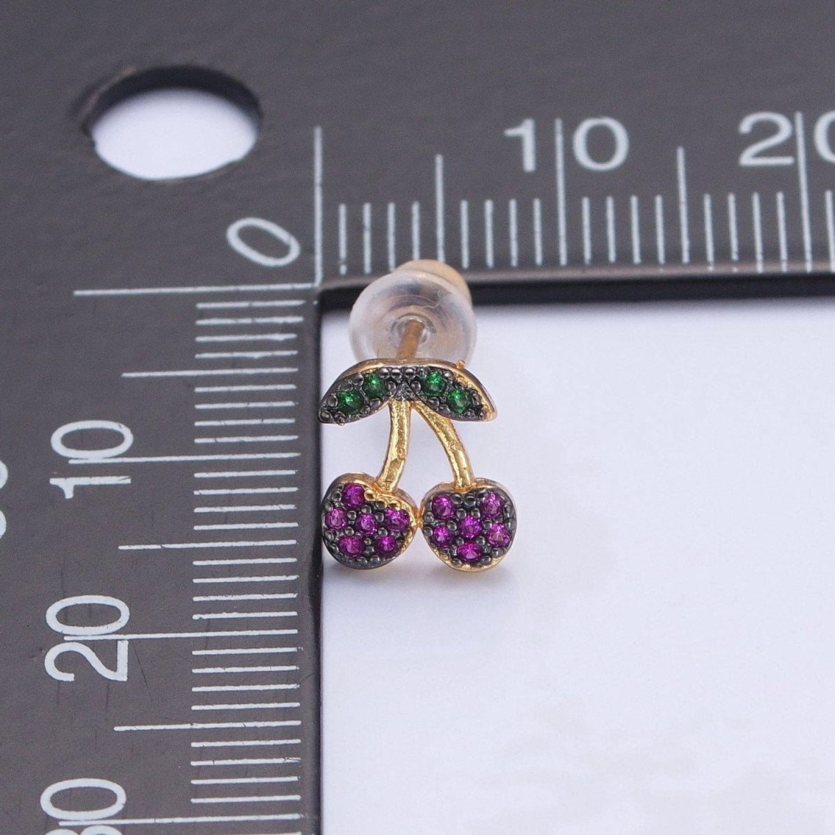 CZ Micro Pave 24K Gold Filled Cherry Fruit Stud Earrings V-450 - DLUXCA