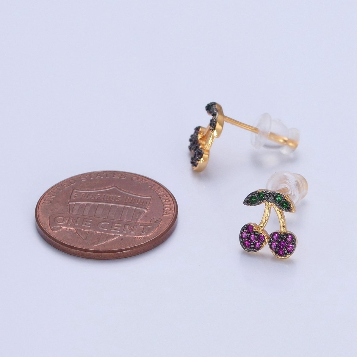 CZ Micro Pave 24K Gold Filled Cherry Fruit Stud Earrings V-450 - DLUXCA