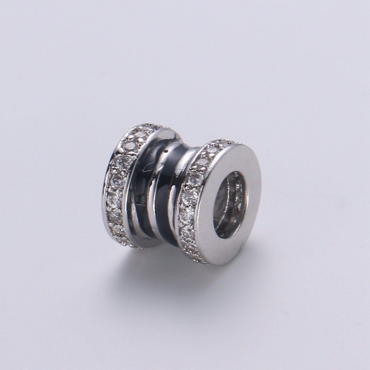 CZ Micro Pave Big Hole Drum Spacer Beads, Cubic Zirconia Large Hole Spacer Beads Silver Black Beads 8.4x9.2mm B-365 - DLUXCA