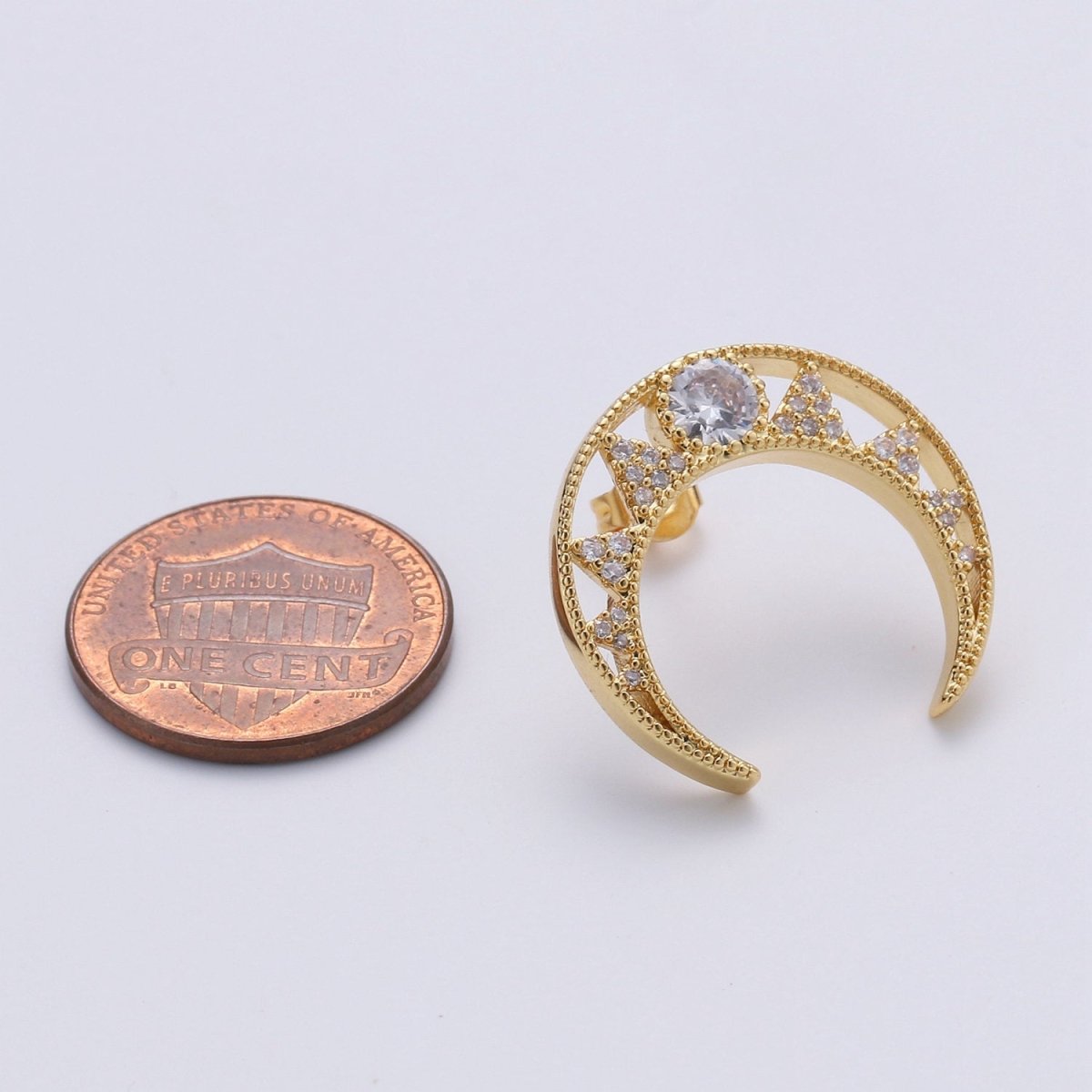 CZ Paved Crescent Moon Cartilage Earring, moon stud, dainty tragus earring, conch piercing, gold moon stud earring Celestial Jewelry Q-177 - DLUXCA
