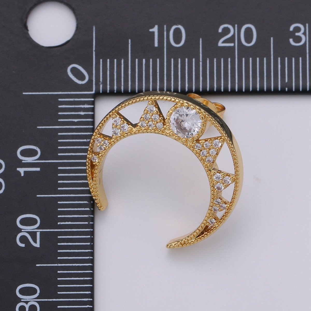 CZ Paved Crescent Moon Cartilage Earring, moon stud, dainty tragus earring, conch piercing, gold moon stud earring Celestial Jewelry Q-177 - DLUXCA