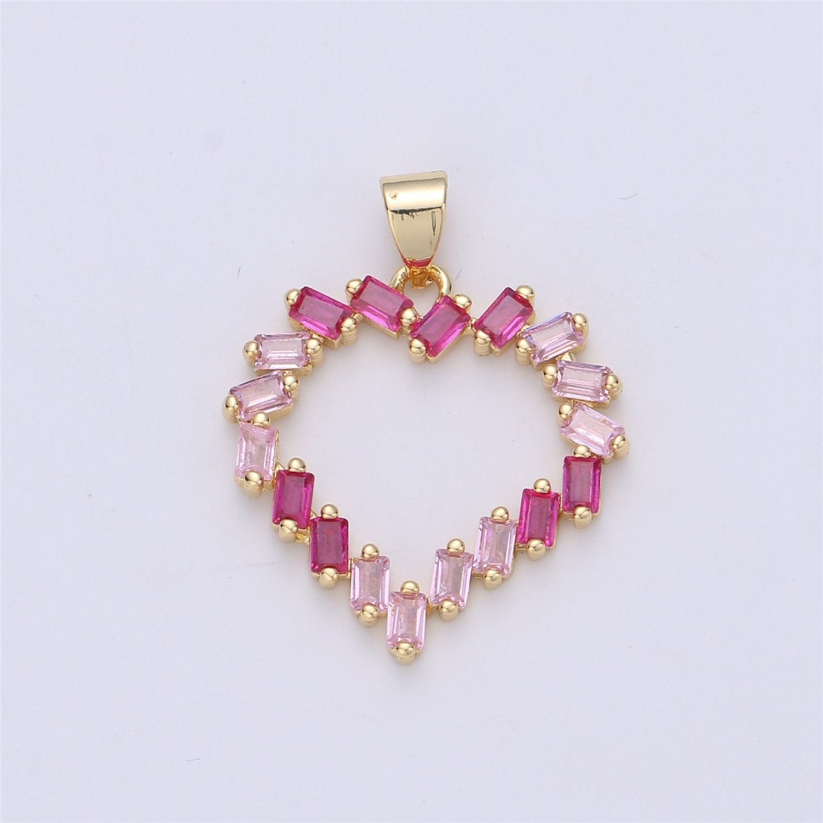 CZ Pink Heart Pendant Charm, Heart Shaped Baguette Charm in 14k gold filled for Necklace Earring Component I-328 - DLUXCA