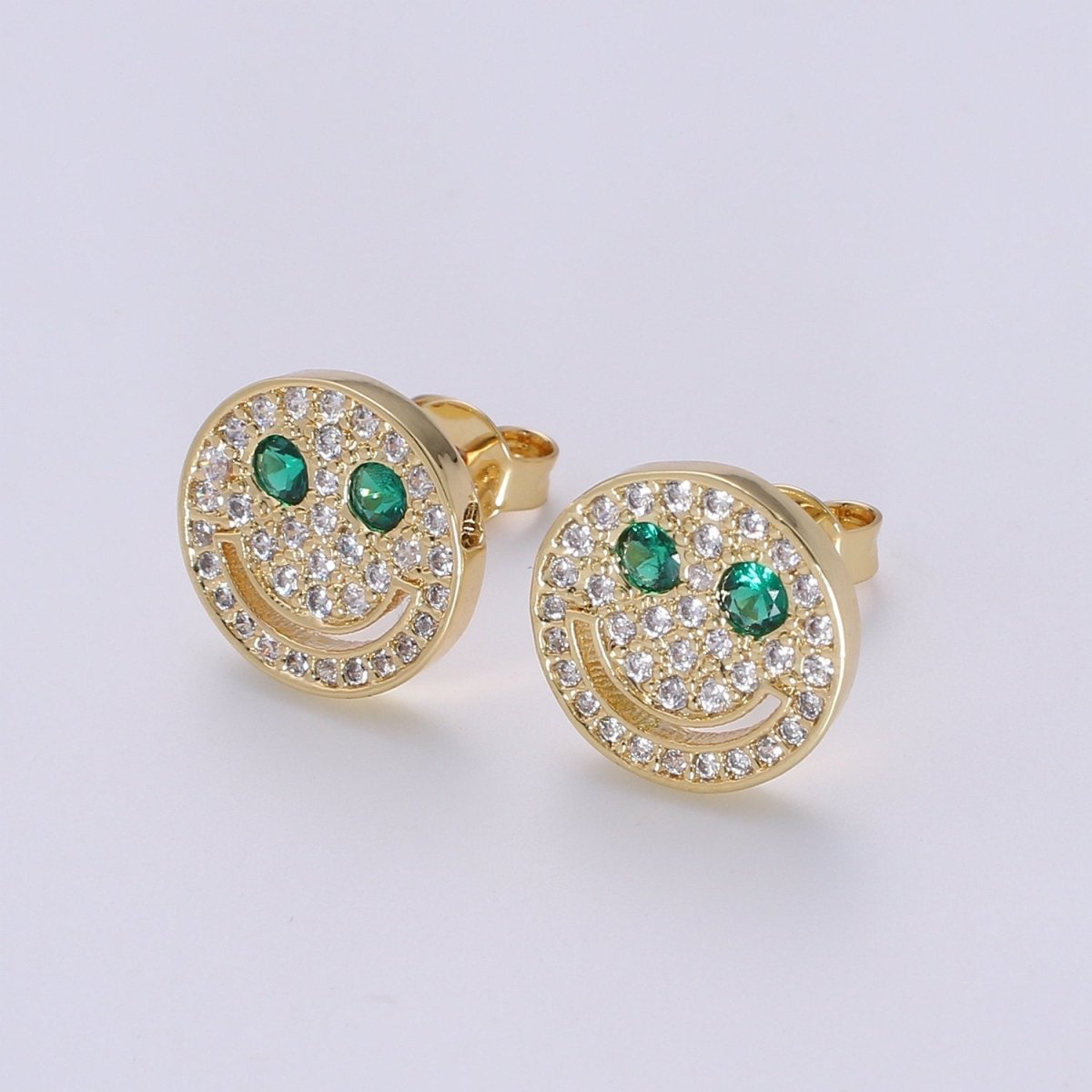 Cz Smiley face stud earrings, Tiny smiley face studs, simple gold stud earrings, Round Gold Studs, happy face studs, disc stud earrings Q-301 - Q-304