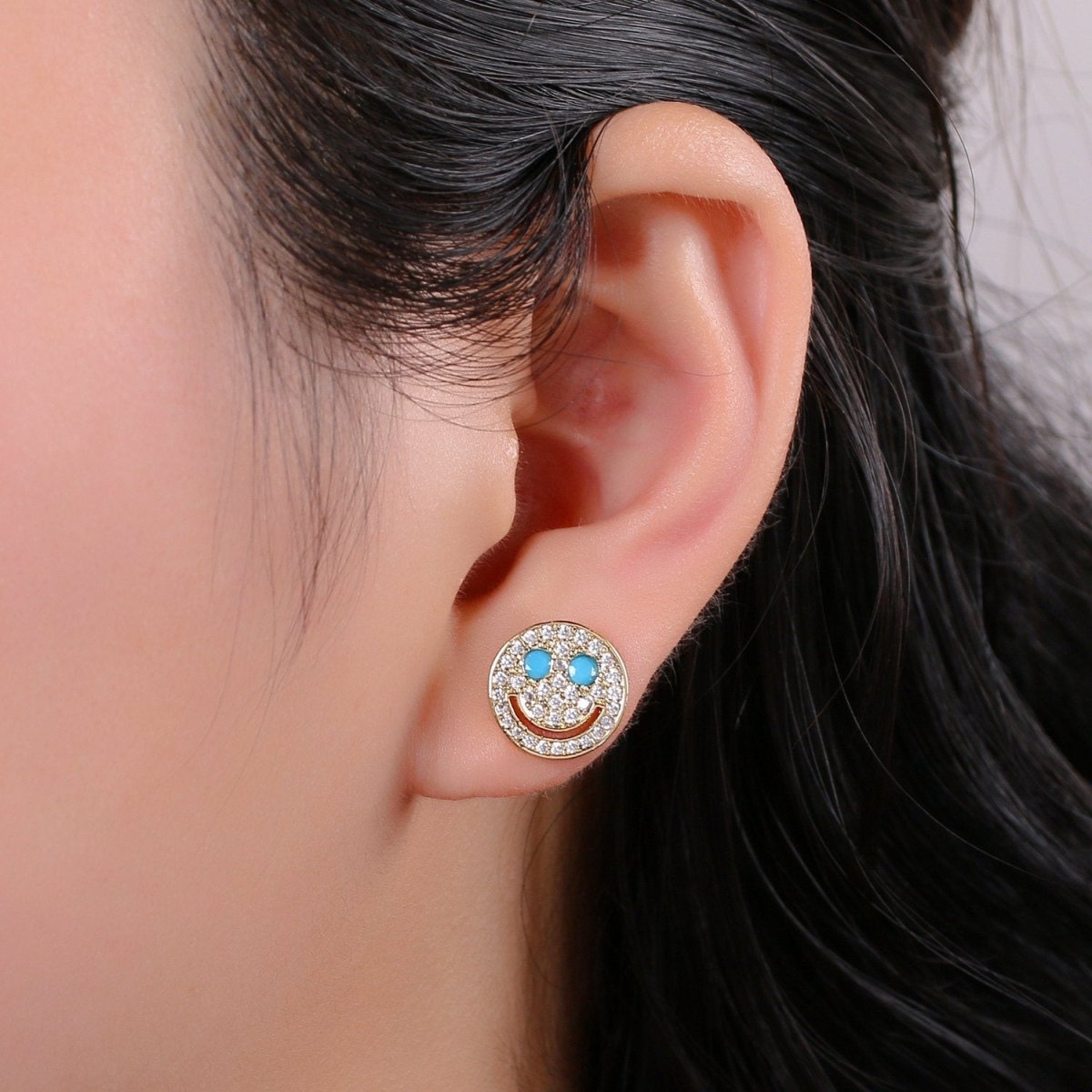 Cz Smiley face stud earrings, Tiny smiley face studs, simple gold stud earrings, Round Gold Studs, happy face studs, disc stud earrings Q-301 - Q-304