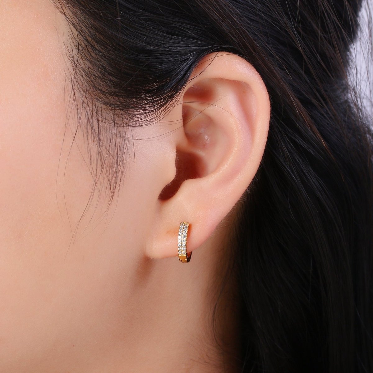 Dainty 11MM huggie hoop earrings, Small cz gold hoops with diamonds, Pavé setting small hoops, minimalist jewelry with open link for charm P-086 P-087