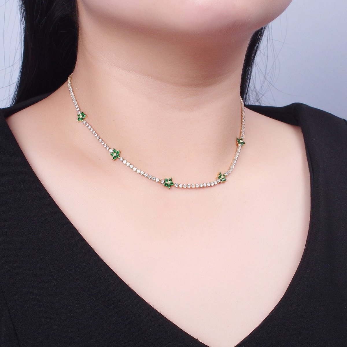 Dainty 13.75 Flower Tennis Chain Choker, Cubic Zirconia Necklace | WA-993 WA-994 WA-995 WA-996 WA-997 Clearance Pricing