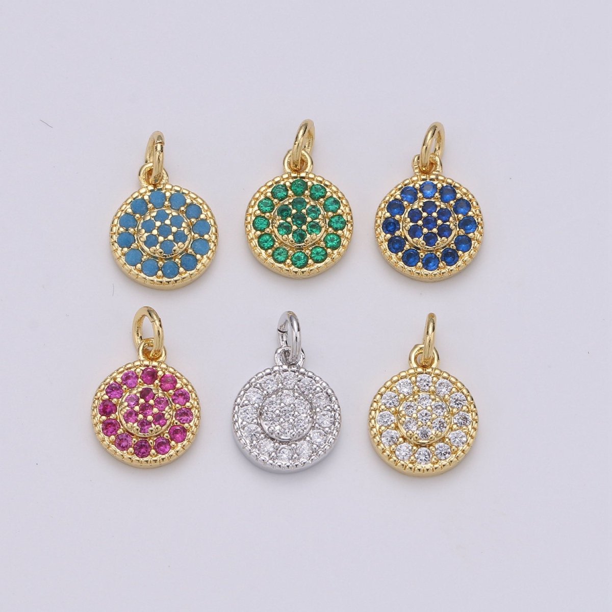Dainty 14k Gold Filled CZ Clear Micro Pave Coin Charm, Round Disc Pave Charm, Mini Dangle Charm for Bracelet Necklace Pendant Hoop Earring D-591- D-596