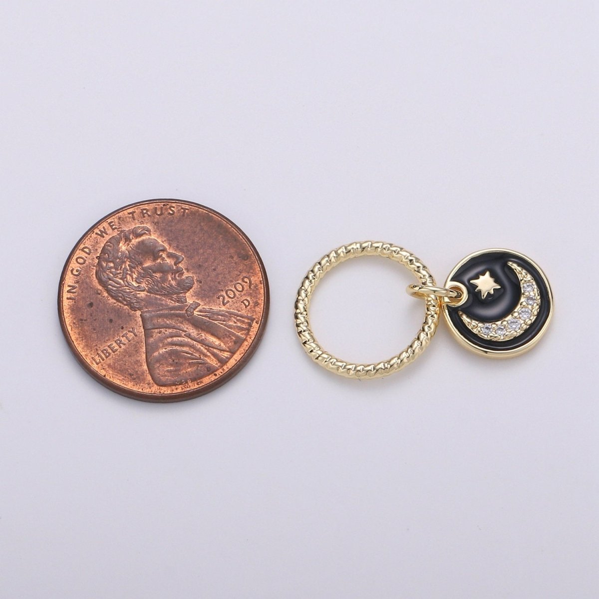 Dainty 14k Gold Filled Moon and Stars Charms, White  Black CZ Pave Round Disc Pendant for Bracelet or Necklace Jewelry Supply D-226 D-227