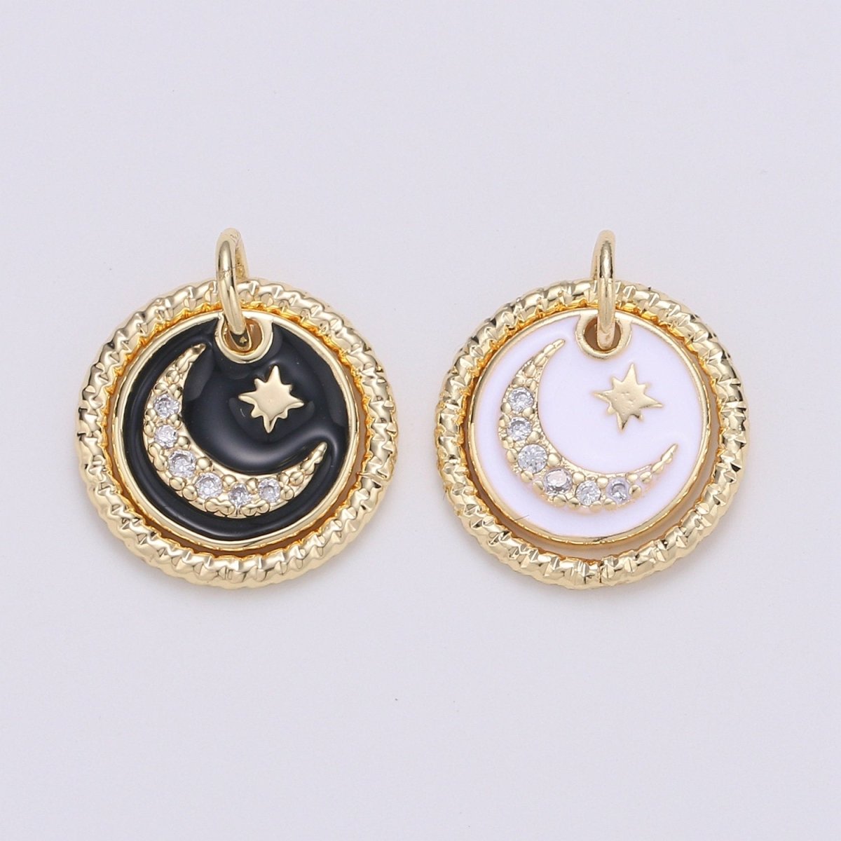 Dainty 14k Gold Filled Moon and Stars Charms, White  Black CZ Pave Round Disc Pendant for Bracelet or Necklace Jewelry Supply D-226 D-227