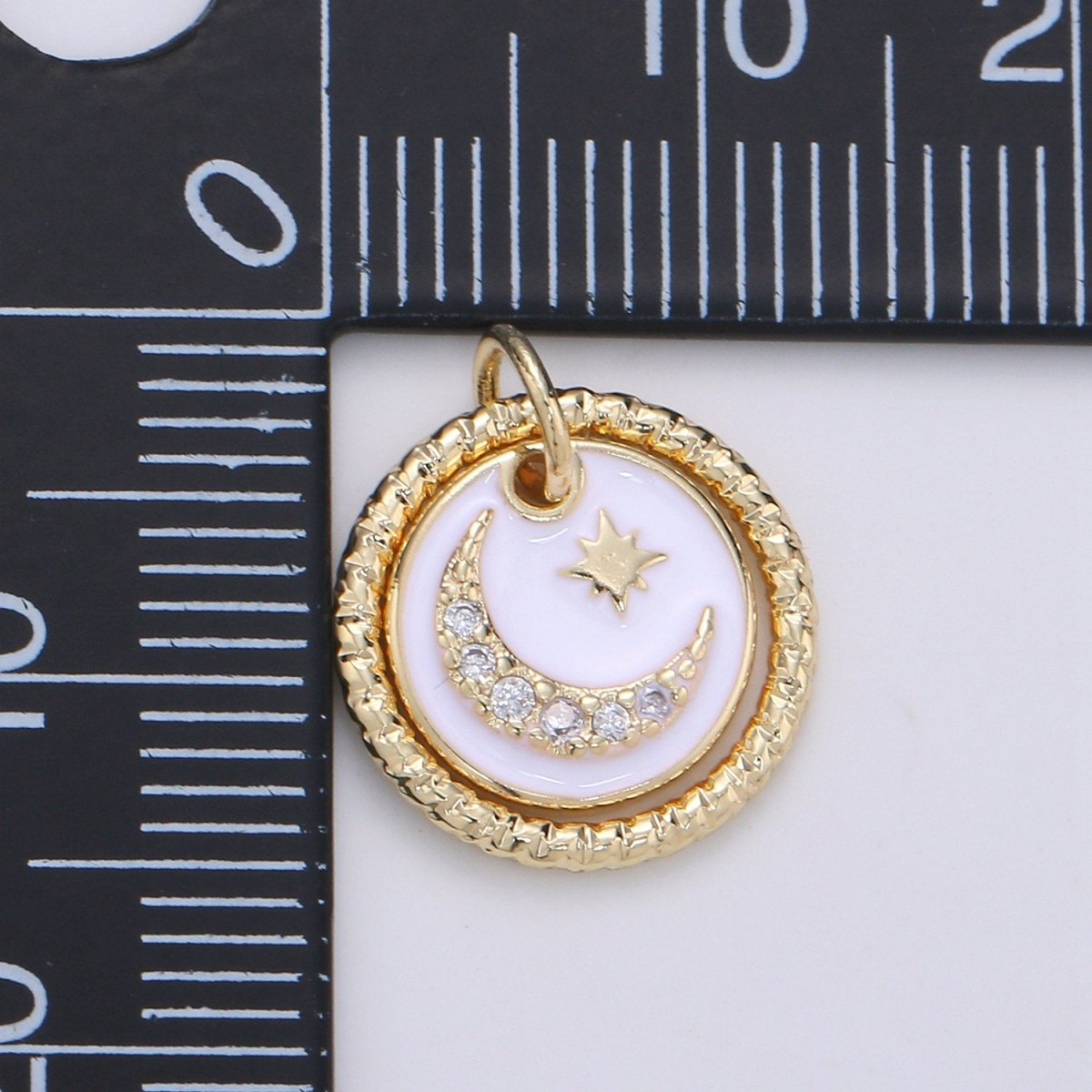 Dainty 14k Gold Filled Moon and Stars Charms, White  Black CZ Pave Round Disc Pendant for Bracelet or Necklace Jewelry Supply D-226 D-227