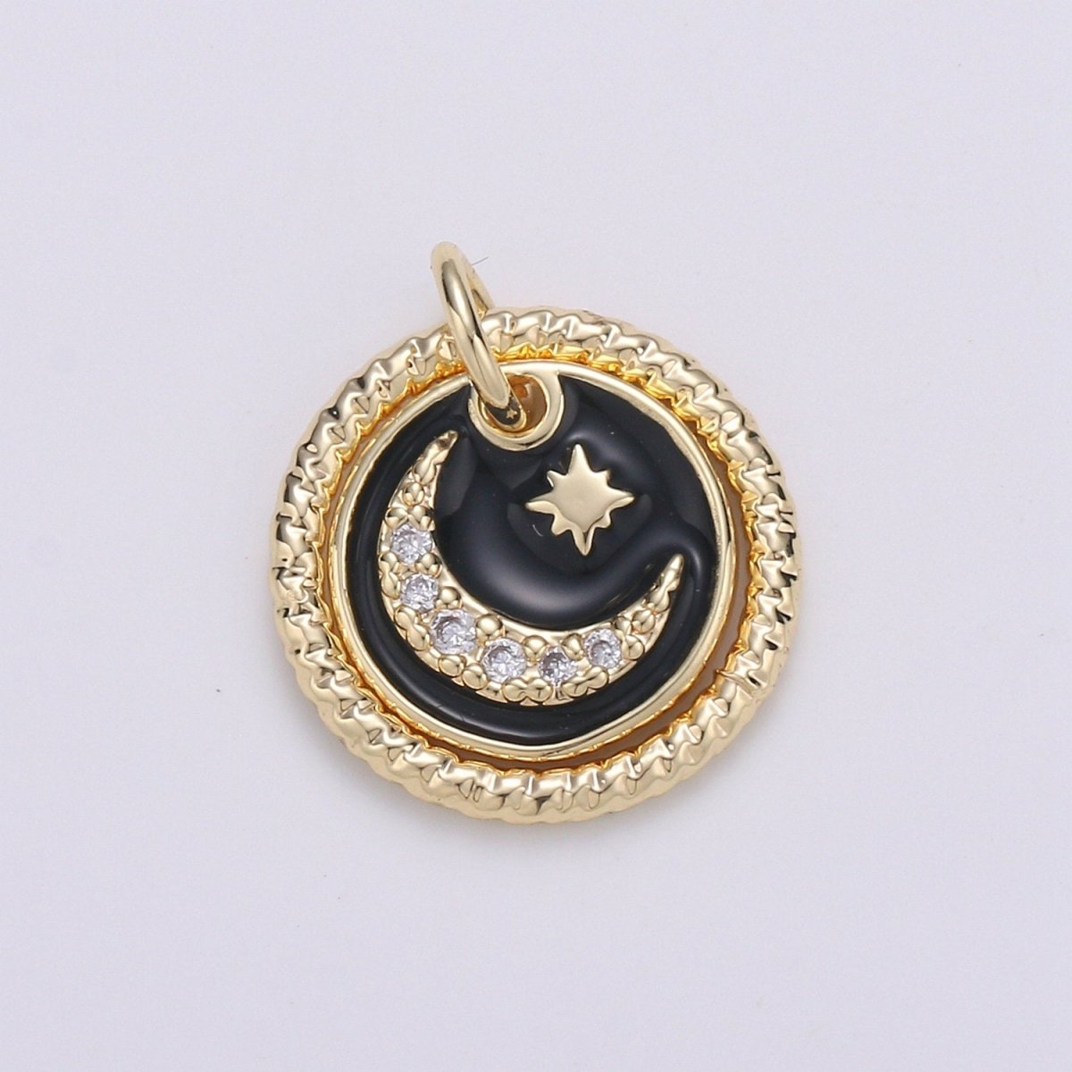 Dainty 14k Gold Filled Moon and Stars Charms, White  Black CZ Pave Round Disc Pendant for Bracelet or Necklace Jewelry Supply D-226 D-227