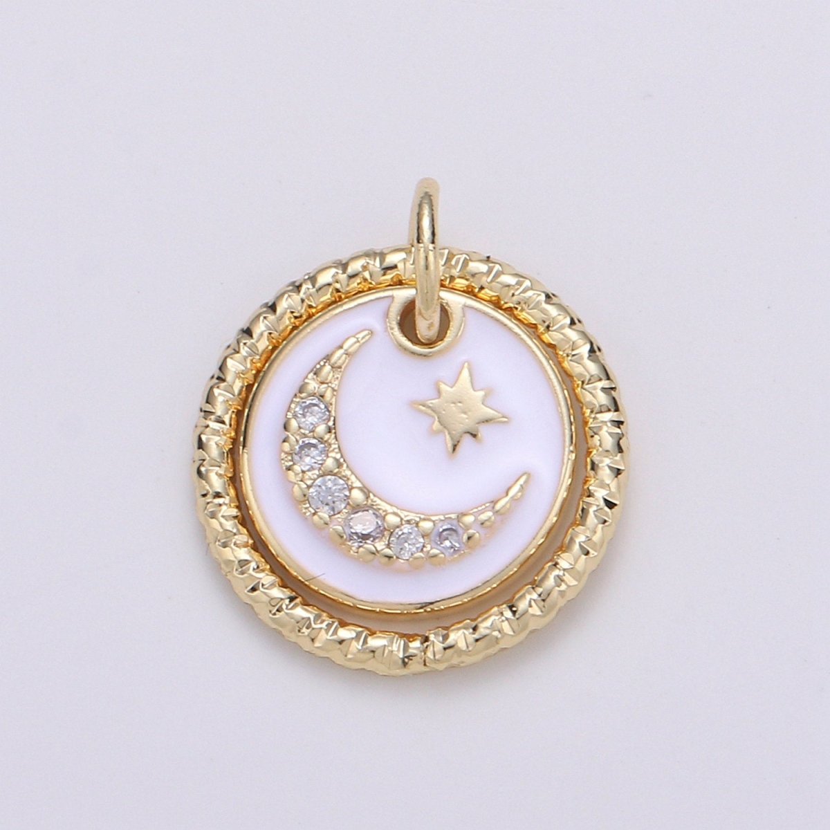 Dainty 14k Gold Filled Moon and Stars Charms, White  Black CZ Pave Round Disc Pendant for Bracelet or Necklace Jewelry Supply D-226 D-227