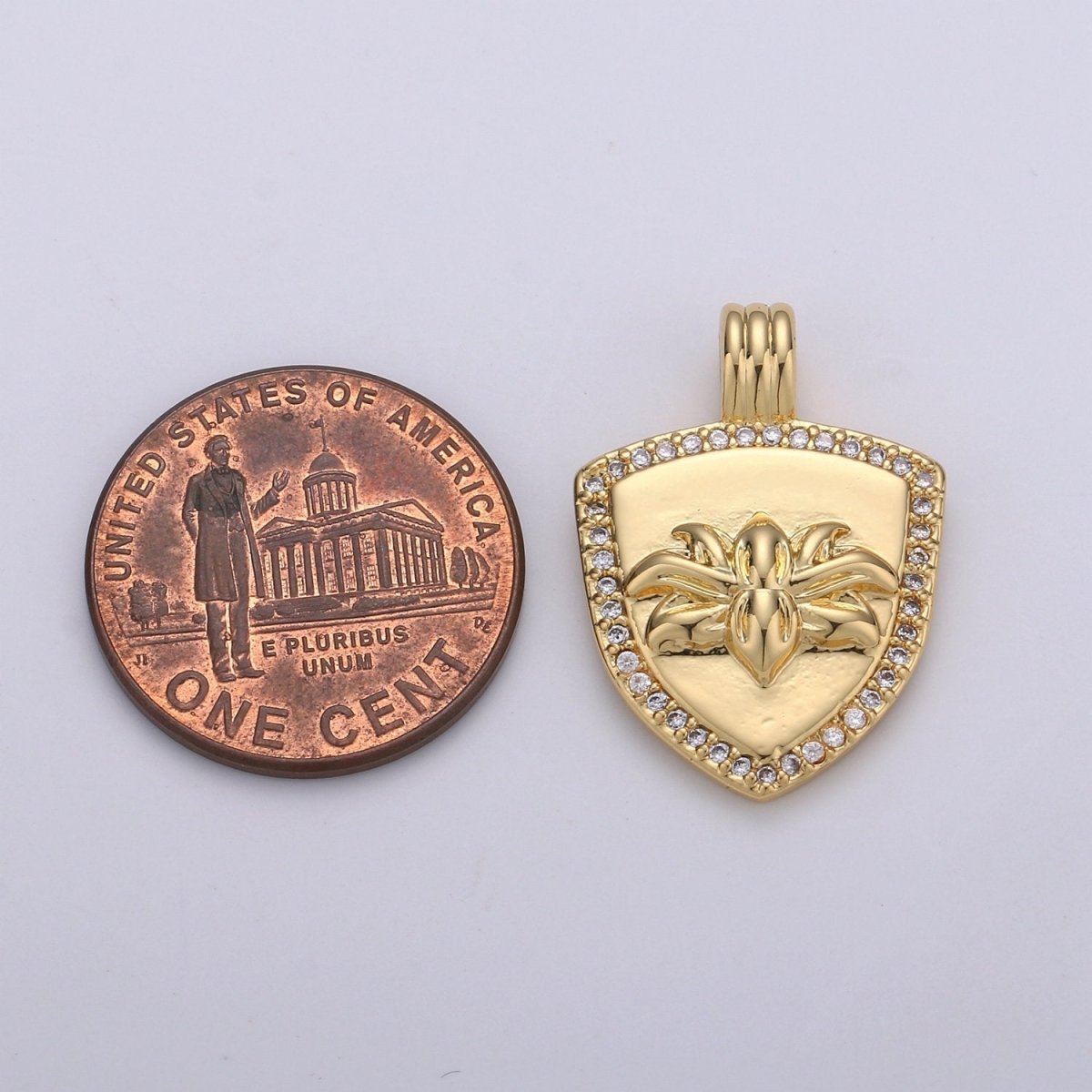 Dainty 14k Gold Filled Shield Charm, Cz Shield pendant, Micro Pave Lotus Pendant Protection Jewelry Supply I-935 - DLUXCA