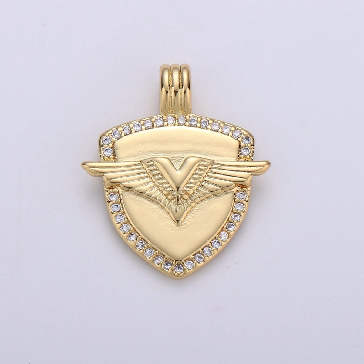 Dainty 14k Gold Filled Shield Charm, Cz Shield pendant, Micro Pave Wing Pendant Protection Jewelry Supply I-930 - DLUXCA