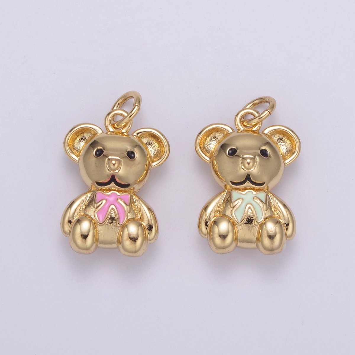 Dainty 14k Gold Filled Teddy Bear Charm with Pink / Green Ribbon Mini Bear Pendant for Bracelet Necklace Earring C-206 C-212
