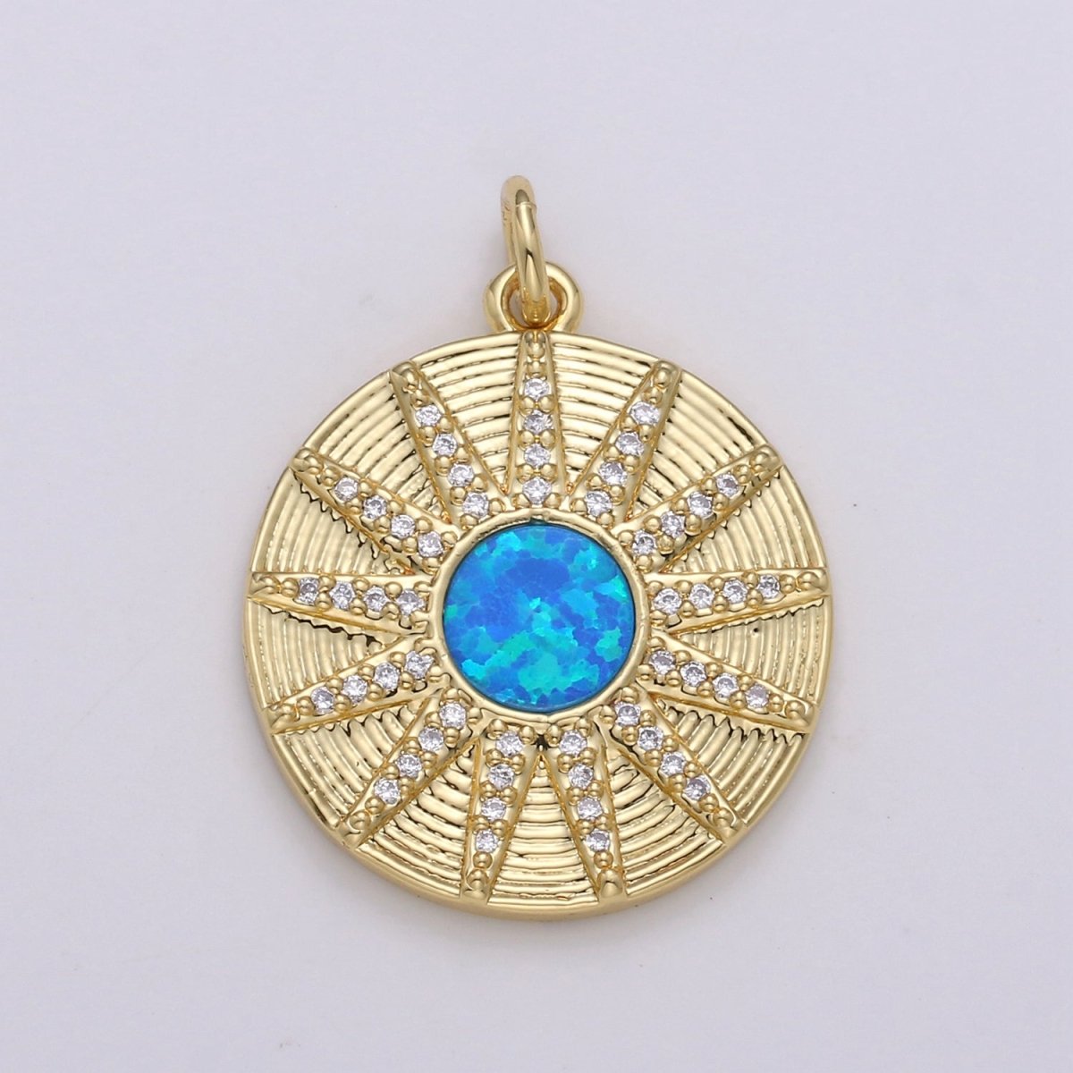 Dainty 14k Gold Filled Vergina Sun Charm Blue Opal Round SunBurst Medallion Pendant, 25x20mm, Micro Pave Gold Sun Celestial Jewelry D-472