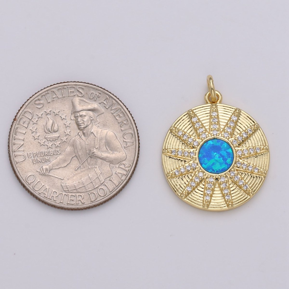 Dainty 14k Gold Filled Vergina Sun Charm Blue Opal Round SunBurst Medallion Pendant, 25x20mm, Micro Pave Gold Sun Celestial Jewelry D-472