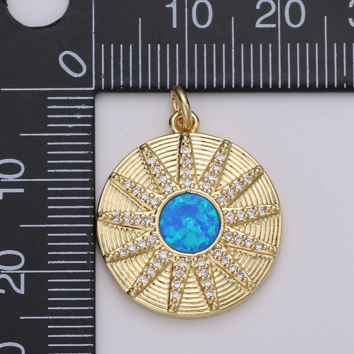 Dainty 14k Gold Filled Vergina Sun Charm Blue Opal Round SunBurst Medallion Pendant, 25x20mm, Micro Pave Gold Sun Celestial Jewelry D-472