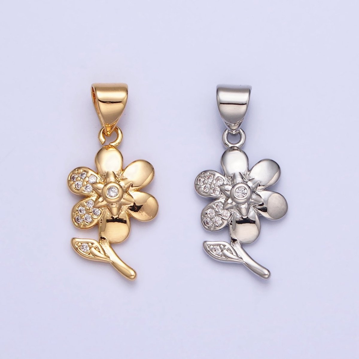 Dainty 16K Gold Filled Flower Pendant Micro Pave Silver Floral Charm AA301 AA311