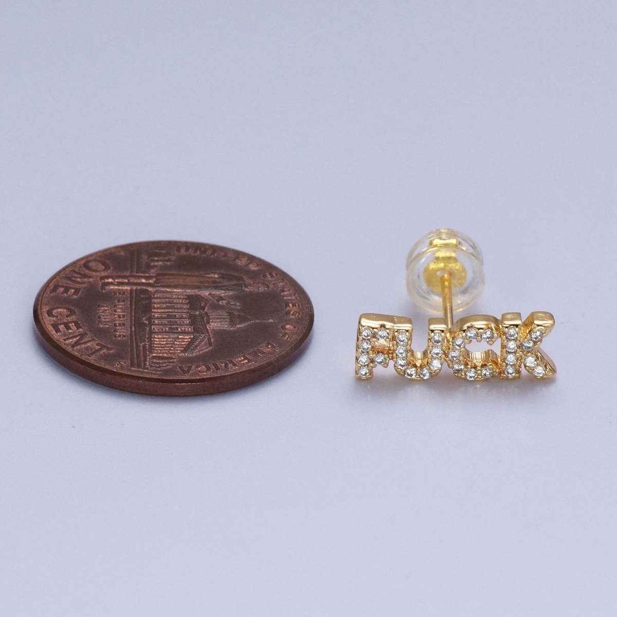 Dainty 16K Gold Filled "FUCK" Script Micro Paved CZ Stud Earrings | Y-273 - DLUXCA