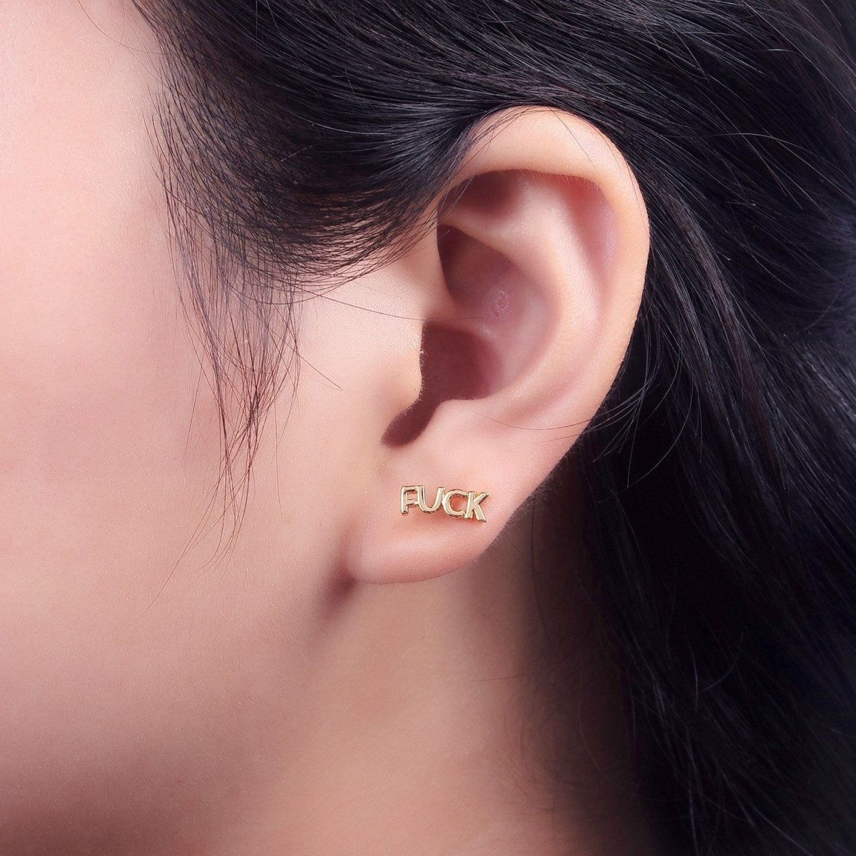 Dainty 16K Gold Filled "FUCK" Script Stud Earrings | Y-274 - DLUXCA