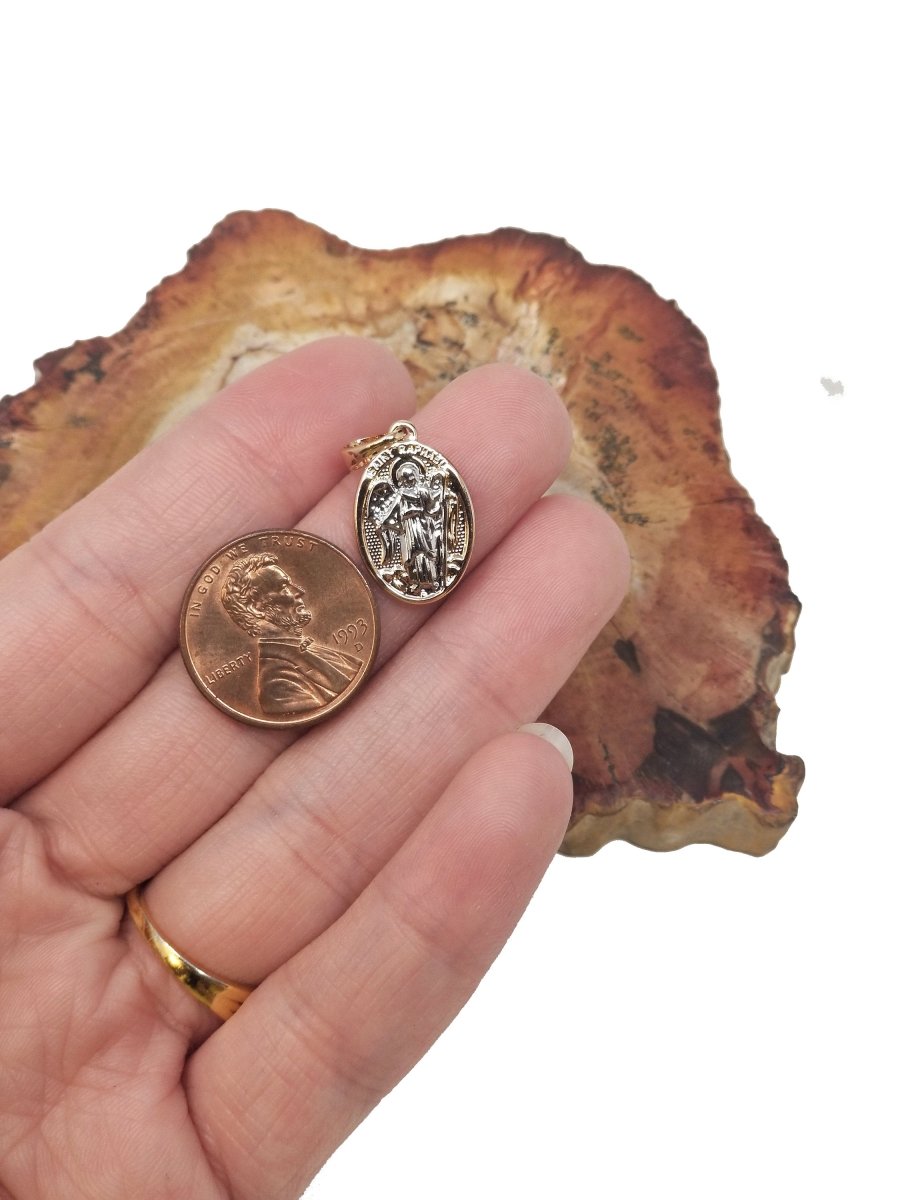 Dainty 18k Gold Filed Double Sided Charm Saint Raphael The Archangel Medal San Raffaele Pendant Rosary Parts I-078 - DLUXCA