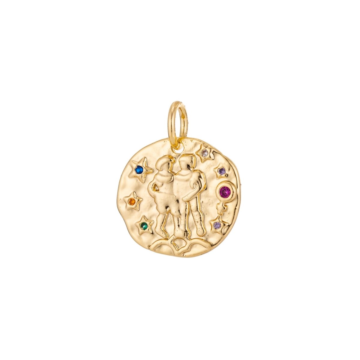 Dainty 18k Gold Filled Charm Coin Medallion Gem Stone Zodiac Sign Charm for Bracelet Necklace Pendant Rustic Hammered Jewelry Making Supply A-A1713-A-A1718 | A-A1779-A-A1784