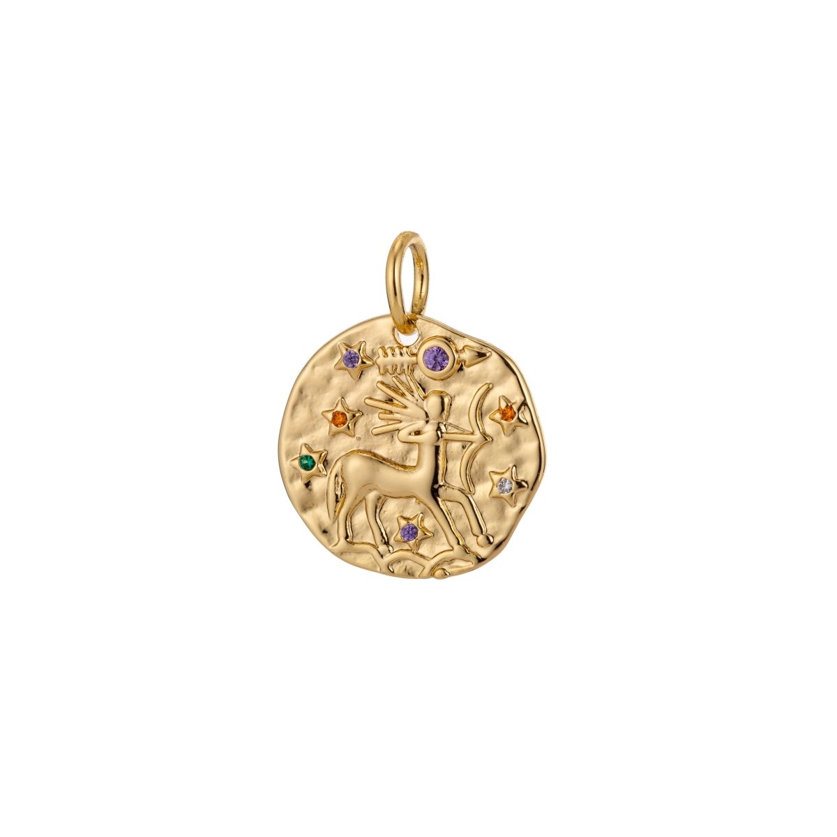 Dainty 18k Gold Filled Charm Coin Medallion Gem Stone Zodiac Sign Charm for Bracelet Necklace Pendant Rustic Hammered Jewelry Making Supply A-A1713-A-A1718 | A-A1779-A-A1784