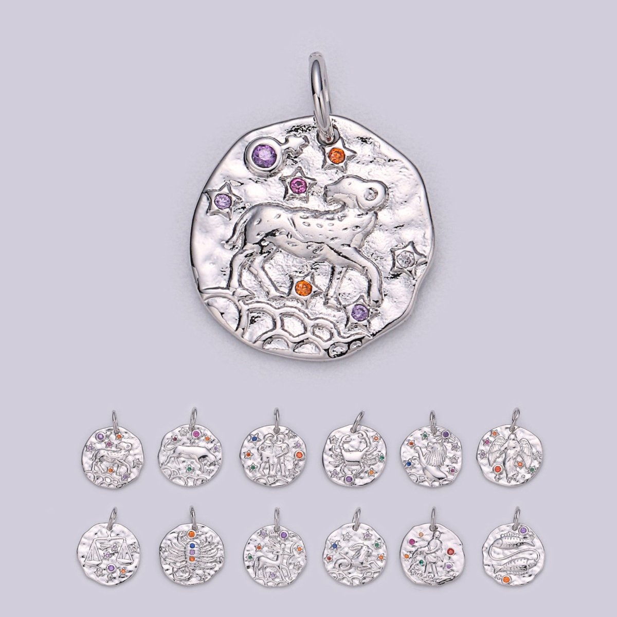 Dainty 18k Gold Filled Charm Coin Medallion Gem Stone Zodiac Sign Charm for Bracelet Necklace Pendant Rustic Hammered Jewelry Making Supply A-A1713-A-A1718 | A-A1779-A-A1784