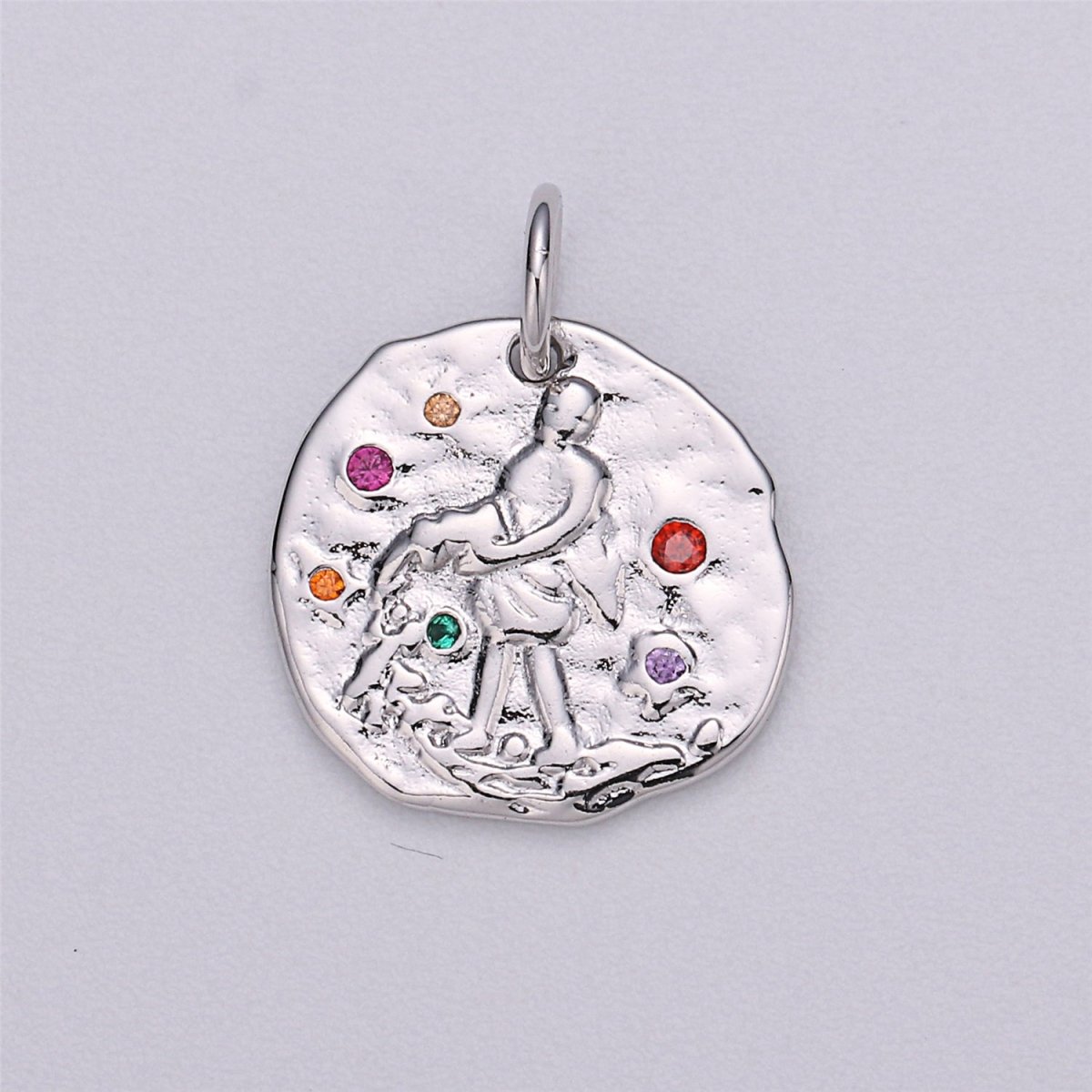 Dainty 18k Gold Filled Charm Coin Medallion Gem Stone Zodiac Sign Charm for Bracelet Necklace Pendant Rustic Hammered Jewelry Making Supply A-A1713-A-A1718 | A-A1779-A-A1784