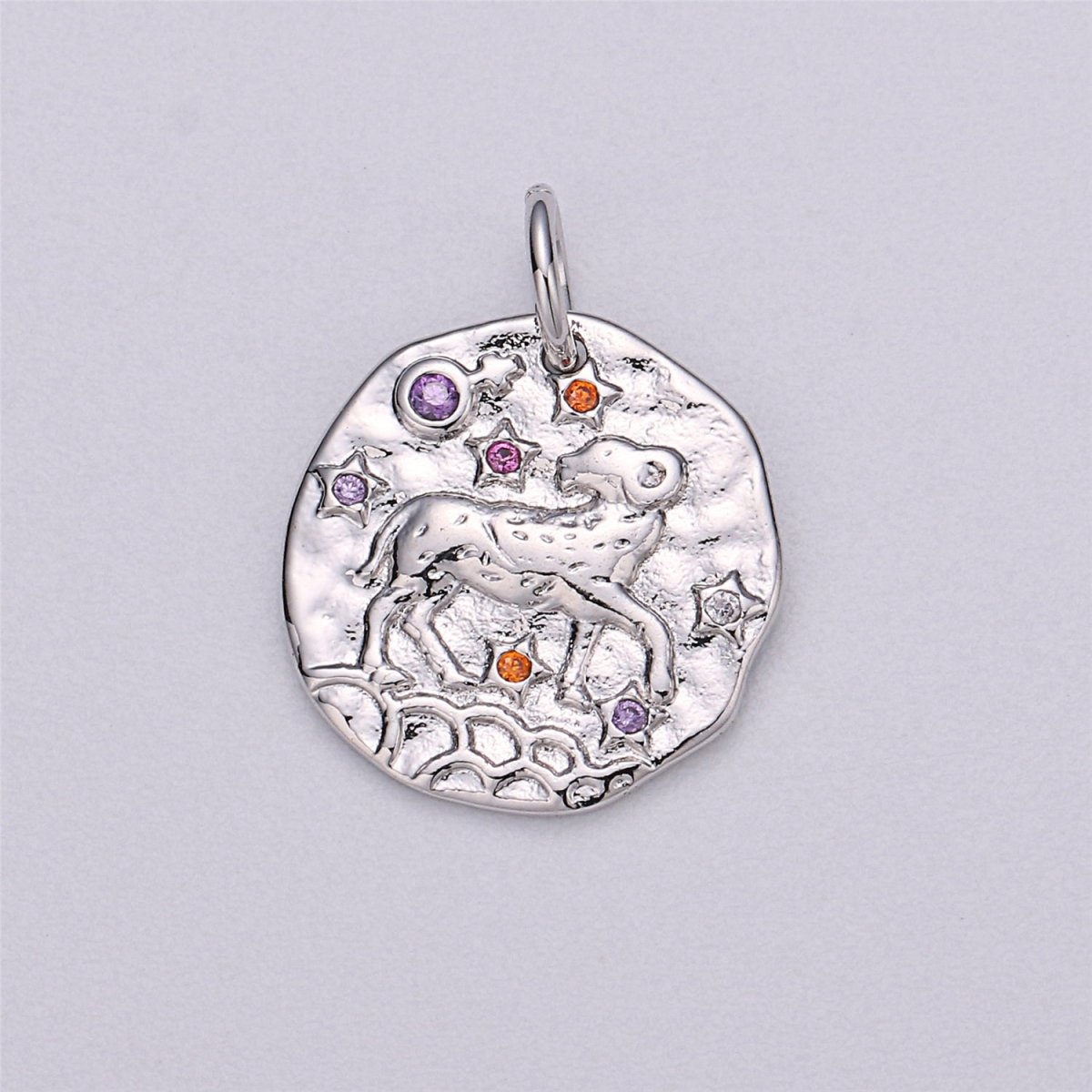 Dainty 18k Gold Filled Charm Coin Medallion Gem Stone Zodiac Sign Charm for Bracelet Necklace Pendant Rustic Hammered Jewelry Making Supply A-A1713-A-A1718 | A-A1779-A-A1784