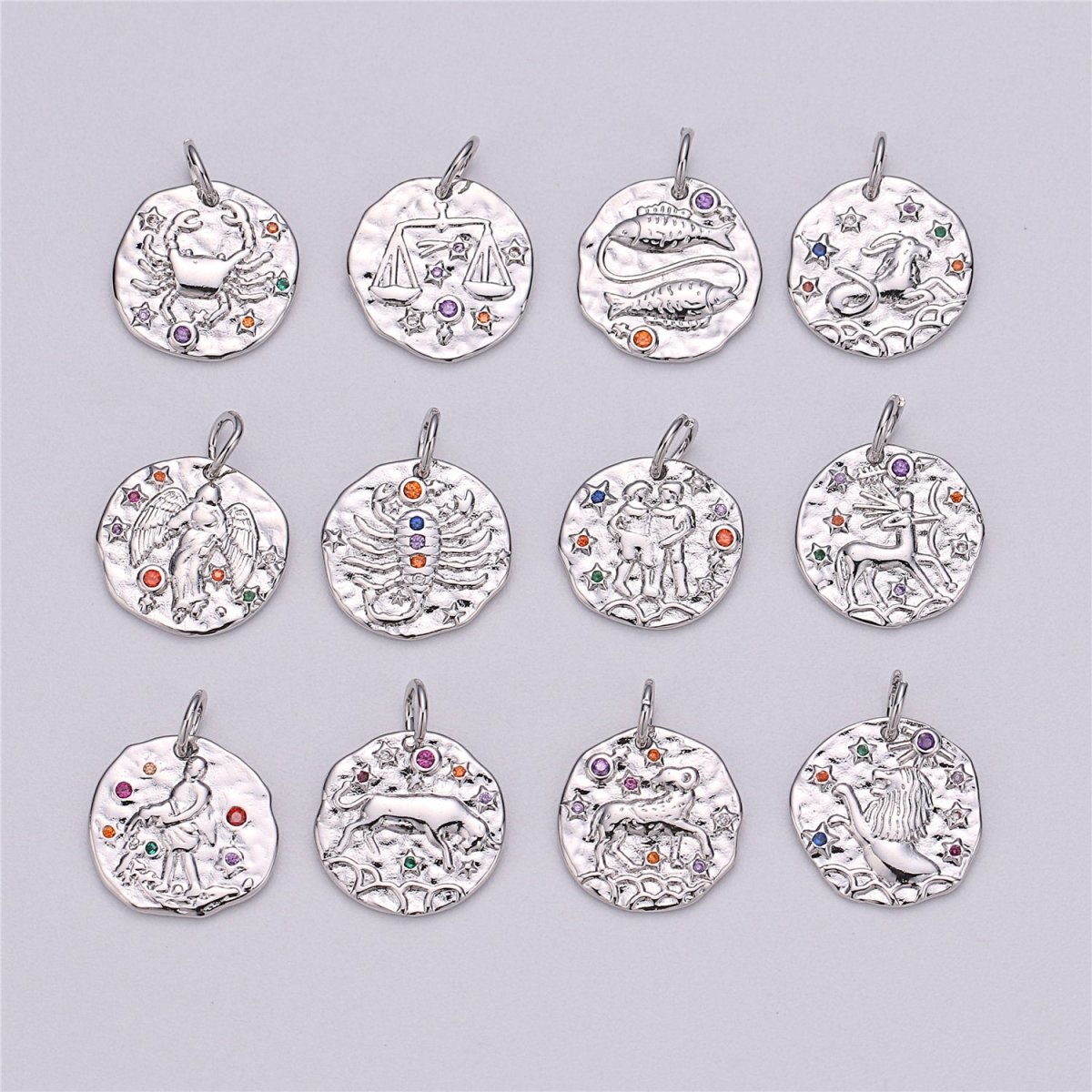 Dainty 18k Gold Filled Charm Coin Medallion Gem Stone Zodiac Sign Charm for Bracelet Necklace Pendant Rustic Hammered Jewelry Making Supply A-A1713-A-A1718 | A-A1779-A-A1784