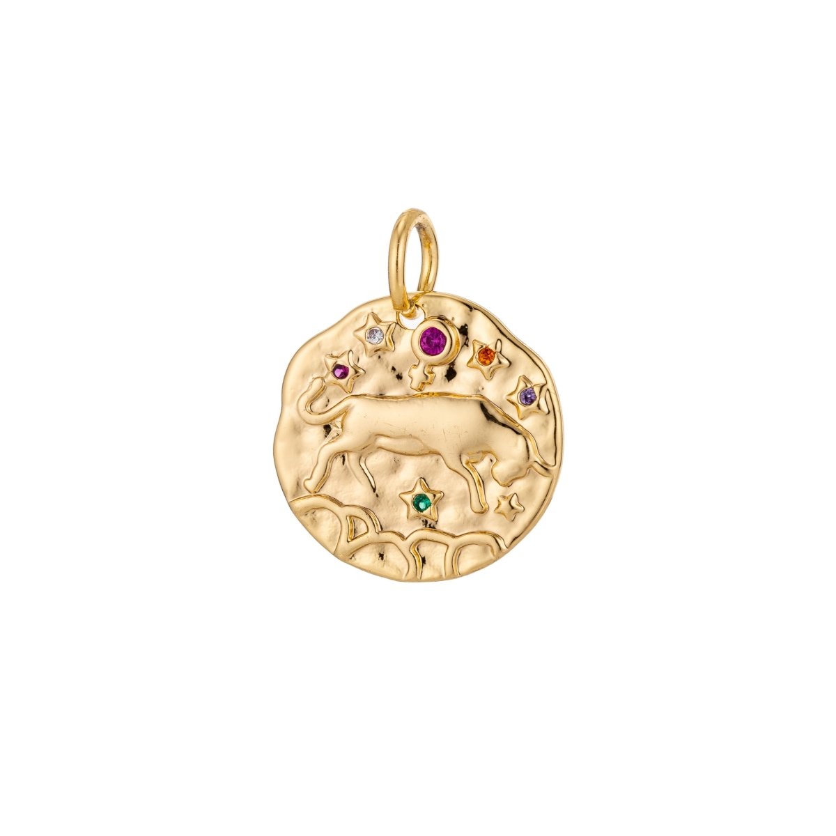 Dainty 18k Gold Filled Charm Coin Medallion Gem Stone Zodiac Sign Charm for Bracelet Necklace Pendant Rustic Hammered Jewelry Making Supply A-A1713-A-A1718 | A-A1779-A-A1784