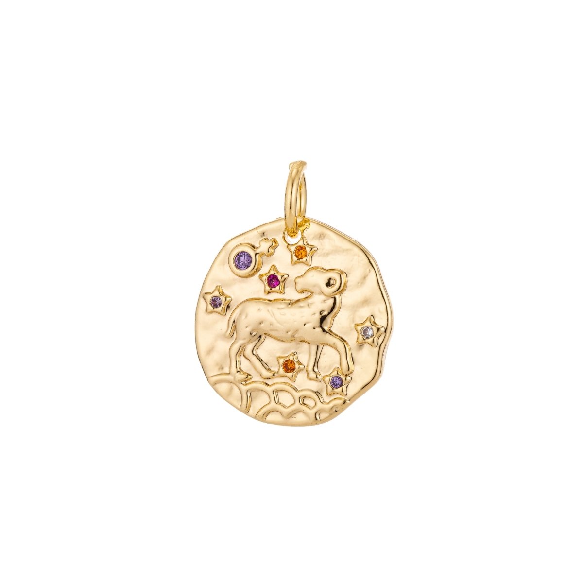 Dainty 18k Gold Filled Charm Coin Medallion Gem Stone Zodiac Sign Charm for Bracelet Necklace Pendant Rustic Hammered Jewelry Making Supply A-A1713-A-A1718 | A-A1779-A-A1784